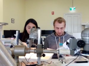 Anton Kuech and Laura Londoño in a lab